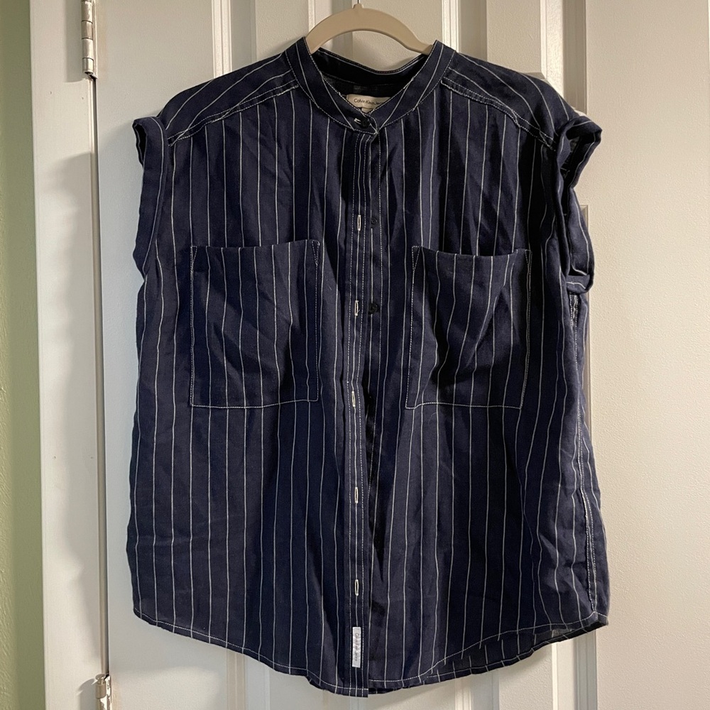 Women’s Calvin Klein Jeans Blue/White Striped Sleeveless Button Up Blouse